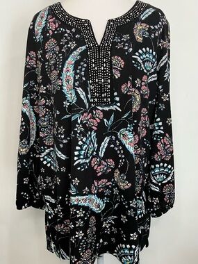 Croft And Barrow Top 2X XXL Black Pink Blue Paisley Jeweled Neckline Popover